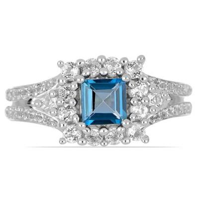 BUY REAL LONDON BLUE TOPAZ GEMSTONE HALO RING IN 925 SILVER